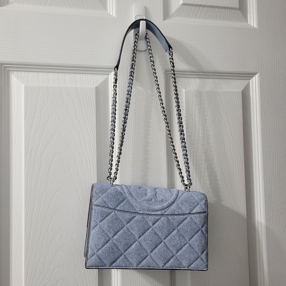 Tory Burch Fleming Denim Print Suede Small Convertible Shoulder Bag - Picture 5 of 15